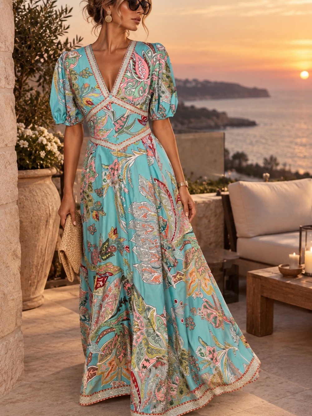 Aqua Paisley V-Neck Maxi Dress Sz S